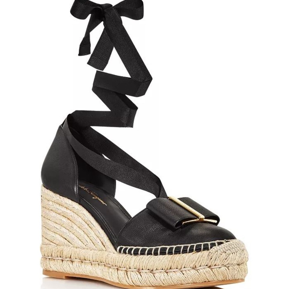 Black Salvatore Ferragamo Double Vara Bow Leather Wedge Espadrille - Picture 6 of 6
